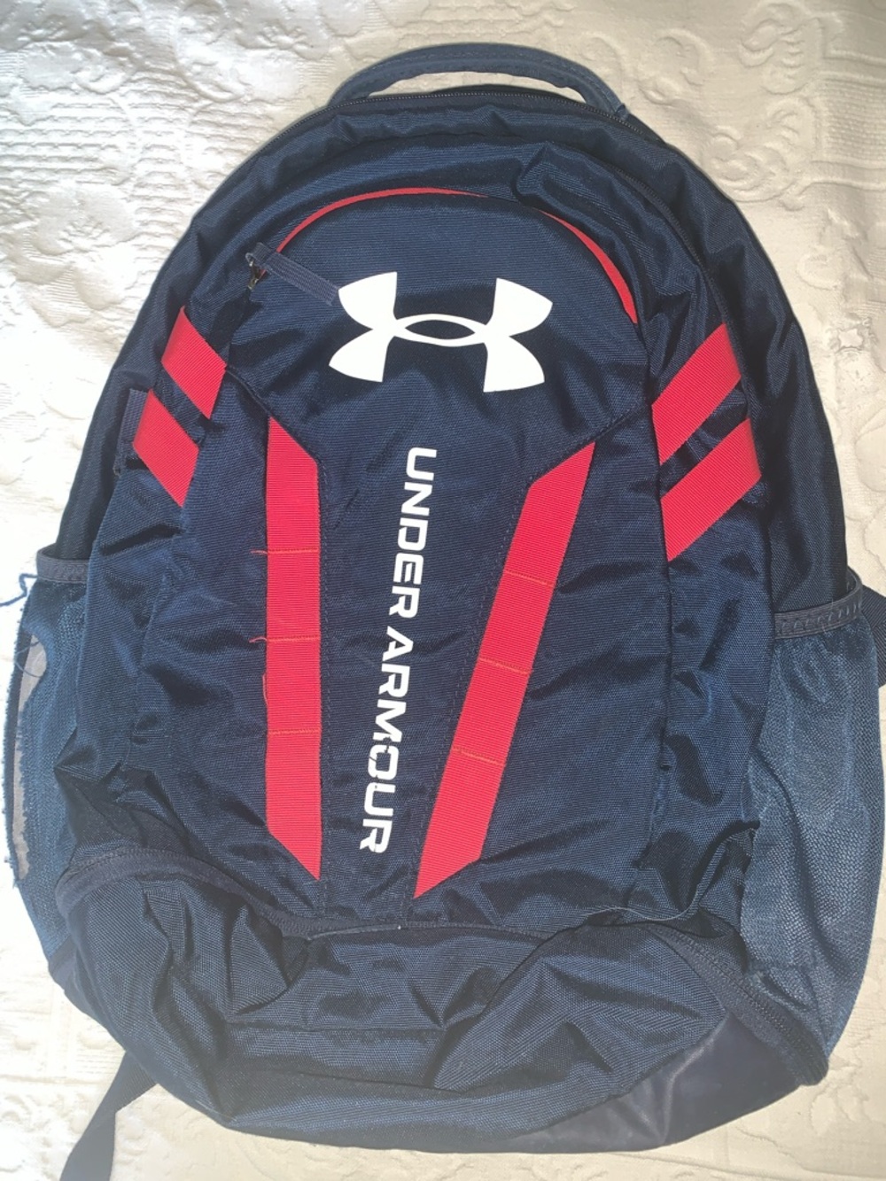 Under Armour Navy Backpack with Red Accents and White Logo